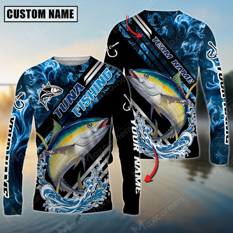 Maxcorners Tuna Fishing Blue Smoke Water Pattern Pro Sport Jersey Sun Protection Personalized Name And Team Name Long Sleeve Shirt