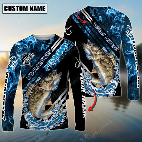 Maxcorners Walleyes Fishing Blue Smoke Water Pattern Pro Sport Jersey Sun Protection Personalized Name And Team Name Long Sleeve Shirt