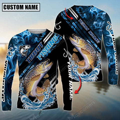 Maxcorners Trout Fishing Blue Smoke Water Pattern Pro Sport Jersey Sun Protection Personalized Name And Team Name Long Sleeve Shirt