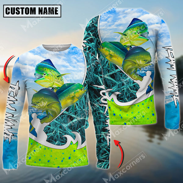 Maxcorners Mahi-Mahi Fishing Blue Fisherman Grass Camo Personalized Name, Team Name Long Sleeve Shirt