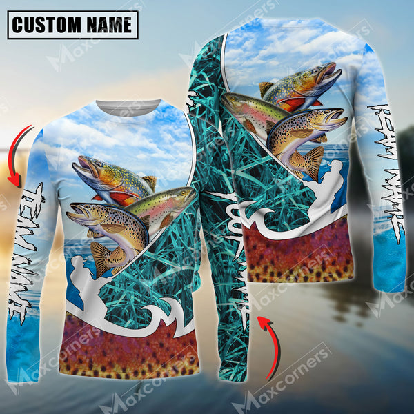 Maxcorners Trout Fishing Blue Fisherman Grass Camo Personalized Name, Team Name Long Sleeve Shirt