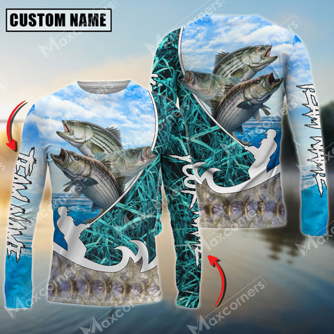 Maxcorners Striped Bass Fishing Blue Fisherman Grass Camo Personalized Name, Team Name Long Sleeve Shirt