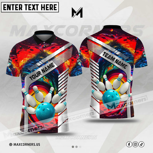 Maxcorners Bowling Ball & Pins Colorful Multicolor Customized Name 3D Polo Shirt (4 Colors)