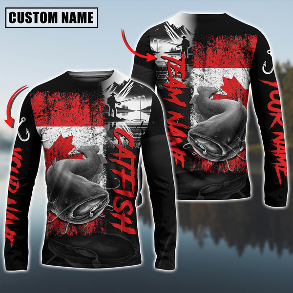 Maxcorners Catfish Fishing Black Canada Flag Pattern Sport Custom Name & Team Name 3D Shirts