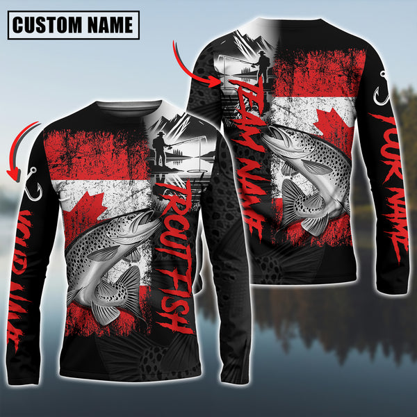 Maxcorners Trout Fish Fishing Black Canada Flag Pattern Sport Custo9m Name & Team Name 3D Shirts