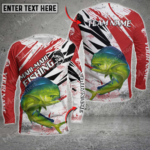 Maxcorners Mahi-Mahi Fishing Red And White Pattern Personalized Name And Team Name Long Sweat Shirt