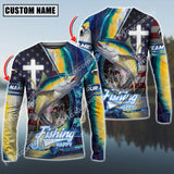 Maxcorners Tuna Fishing The Cross And Flag USA Pattern Personalized Name, Team Name Long Sleeve Shirt