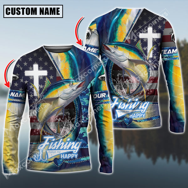 Maxcorners Tuna Fishing The Cross And Flag USA Pattern Personalized Name, Team Name Long Sleeve Shirt