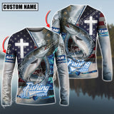 Maxcorners Chinook Fishing The Cross And Flag USA Pattern Personalized Name, Team Name Long Sleeve Shirt