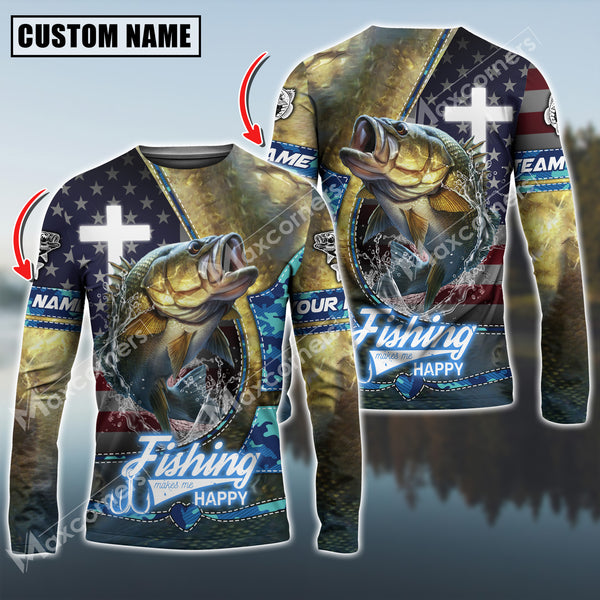 Maxcorners Bass Fishing The Cross And Flag USA Pattern Personalized Name, Team Name Long Sleeve Shirt