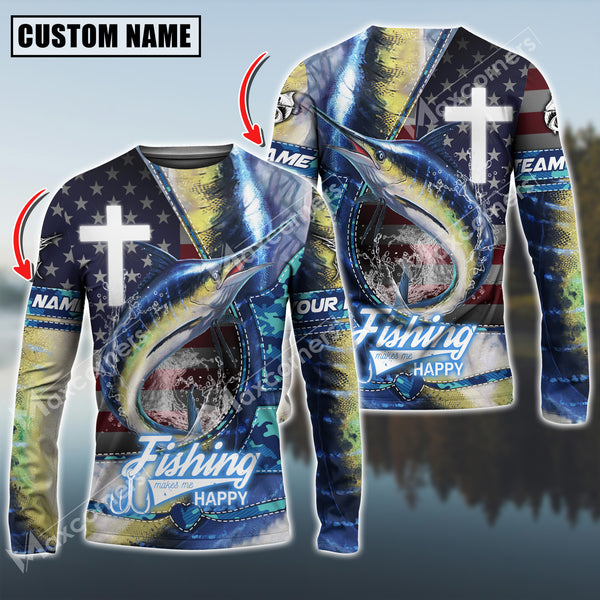 Maxcorners Marlin Fishing The Cross And Flag USA Pattern Personalized Name, Team Name Long Sleeve Shirt