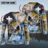 Maxcorners Walleyes Fishing The Cross And Flag USA Pattern Personalized Name, Team Name Long Sleeve Shirt