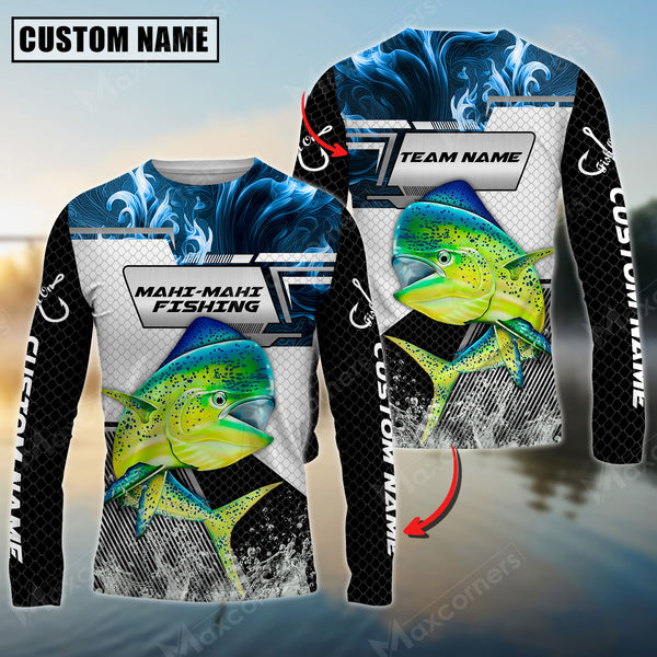 Maxcorners Mahi-Mahi Fishing Blue Smoke Hexagon Pattern Sun Protection Personalized Name, Team Name Long Sleeve Shirt