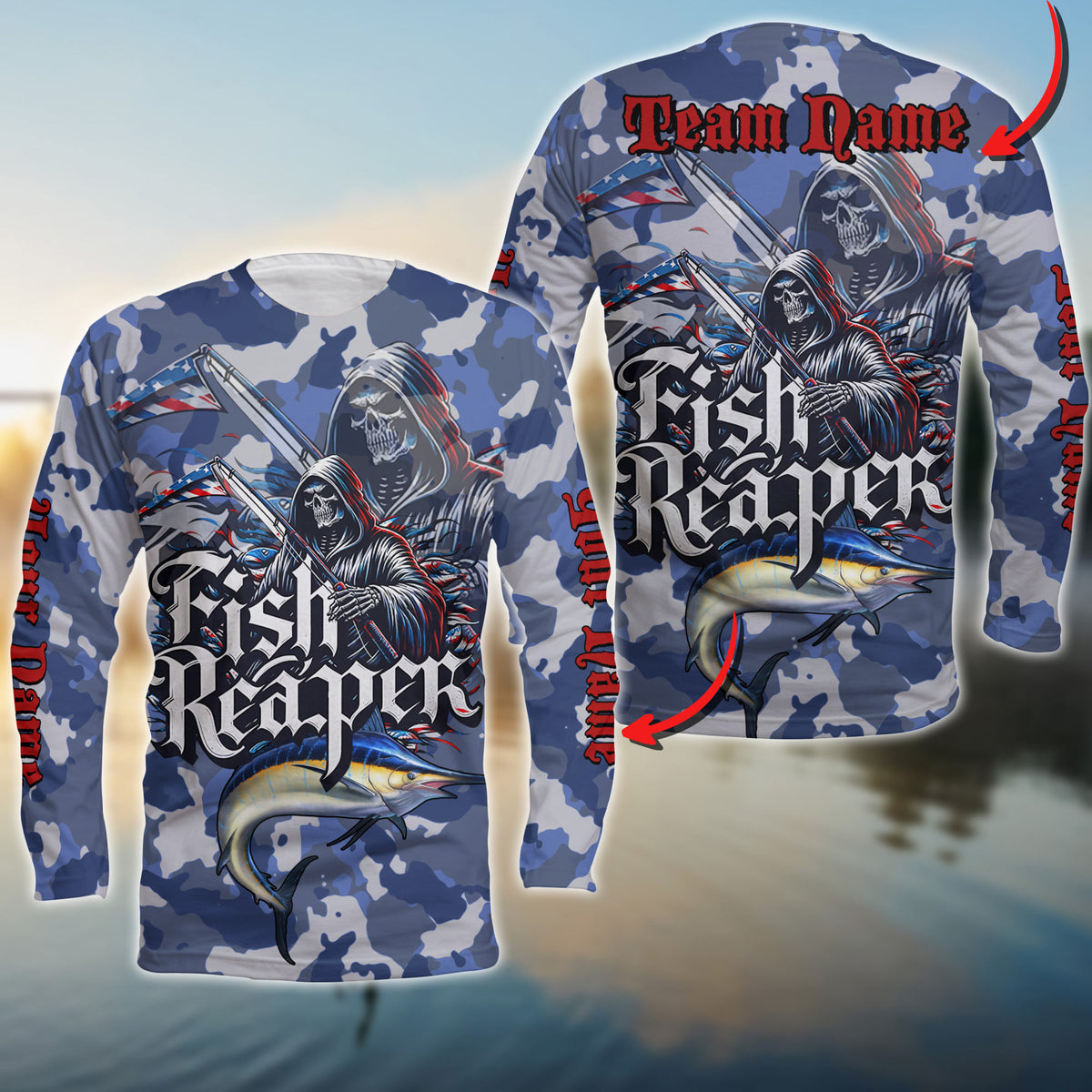 Maxcorners Marlin Fishing Skull Reaper Camo Pattern Sport Jersey Personalized Name Long Sweat Shirt