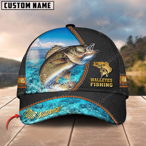 Maxcorners Personalized Walleyes Premium Leather Pattern Classic 3D Cap