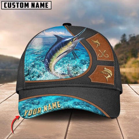 Maxcorners Personalized Marlin Premium Leather Water Pattern Classic 3D Cap