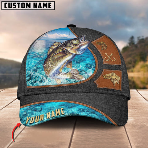 Maxcorners Personalized Walleyes Premium Leather Water Pattern Classic 3D Cap