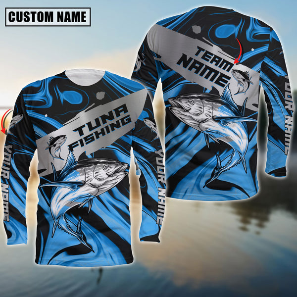 Maxcorners Tuna Fishing Blue Water Flow Pattern Premium Sport Jersey Personalized Name And Team Name Long Sweat Shirt