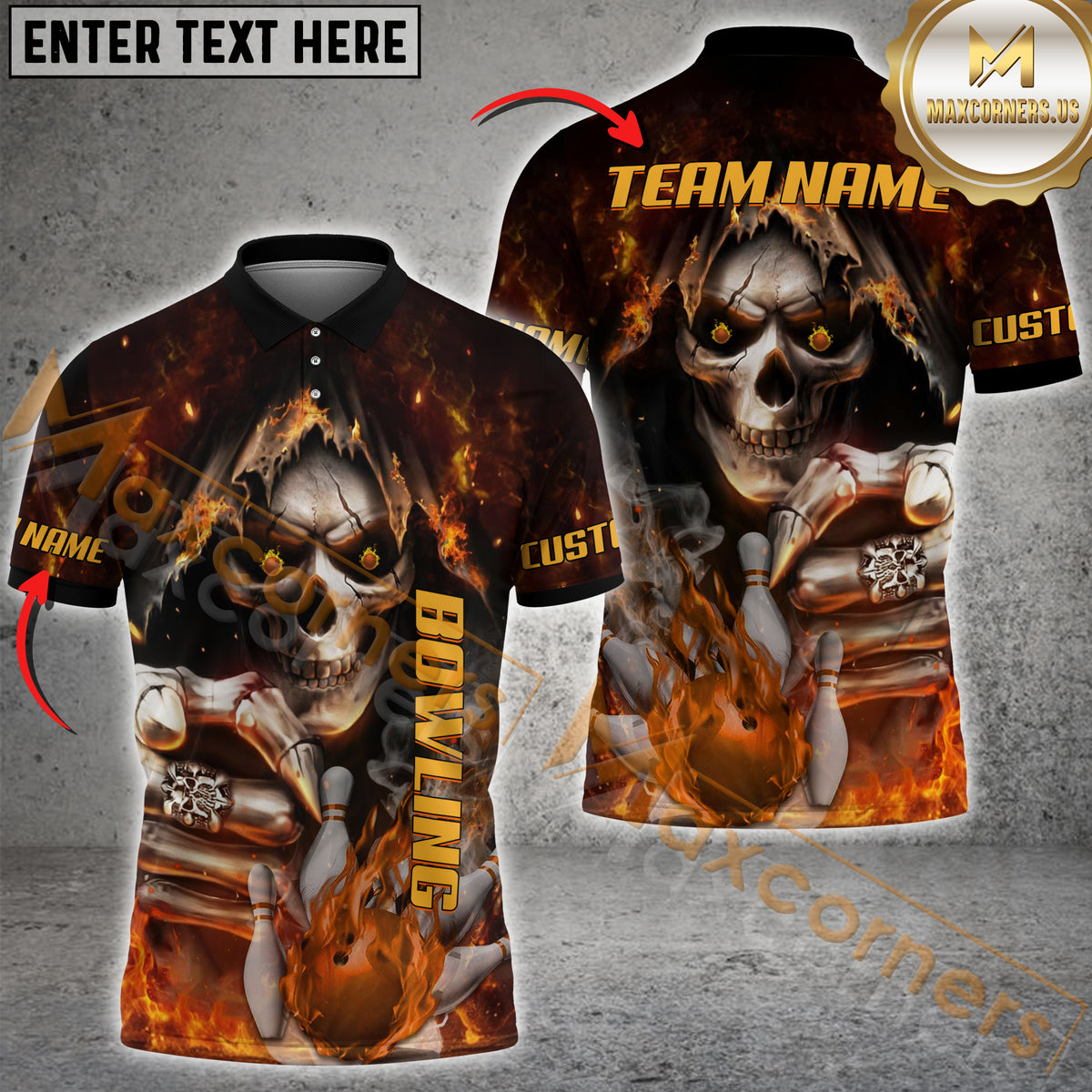 Maxcorners Skull Fire Bowling Jersey Multicolor Option Customized Name, Team Name 3D Polo Shirt