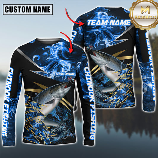 Maxcorners Chinook Fishing Blue Flame Premium Golden & Silver Line  Pattern Sport Jersey Personalized Name, Team Name Long Sleeve Shirt