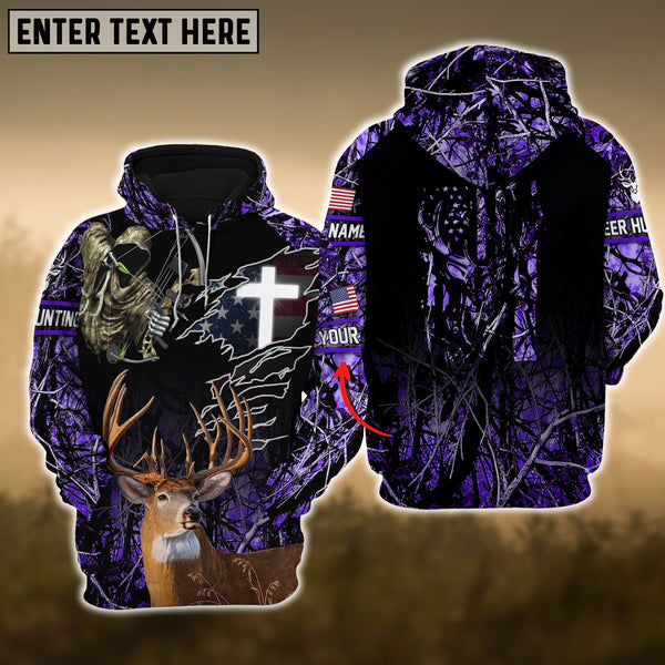 Maxcorners Purple Deer Hunting USA Flag Cross With Reaper Bow Custom Name Shirt 3D All Over Printed Clothes