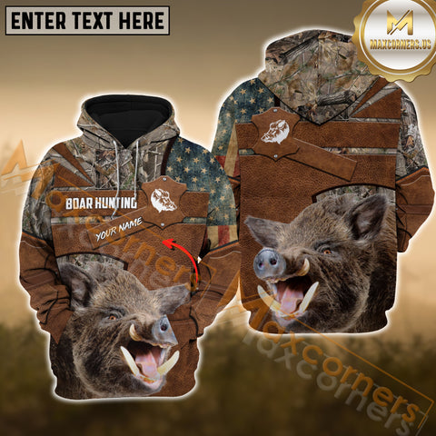 Maxcorners Brown Boar Hunting USA Flag Retro Custom Name Shirt 3D All Over Printed Clothes