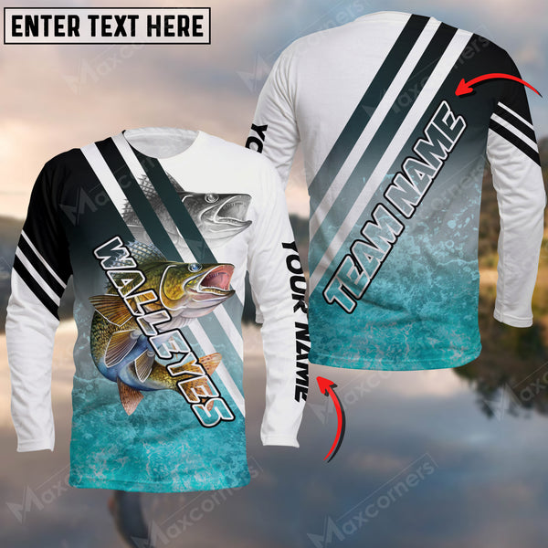 Maxcorners Walleyes Fishing Art Water Pattern Blue Line Sport Jersey Personalized Name And Team Name Long Sweat Shirt