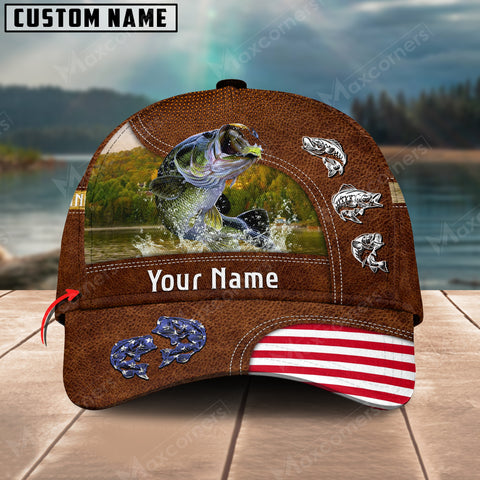 Maxcorners Personalized Large Mouth Bass Fishing US Flag Pattern Classic 3D Cap