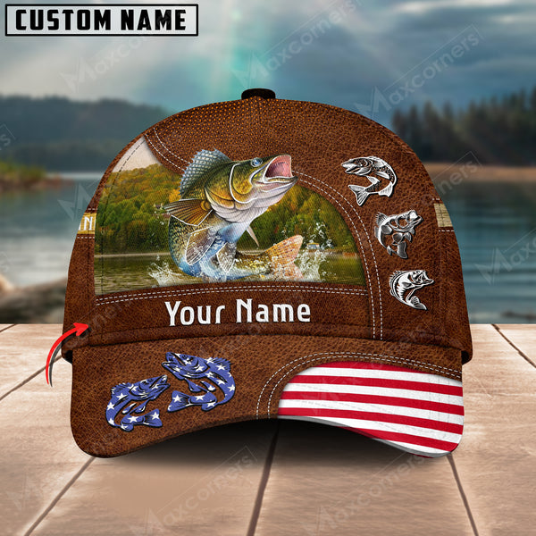 Maxcorners Personalized Walleye Fishing US Flag Pattern Classic 3D Cap