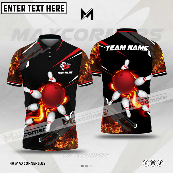 Maxcorners Bowling Ball & Pins Flame Smoke Multicolor Customized Name 3D Polo Shirt (4 Colors)