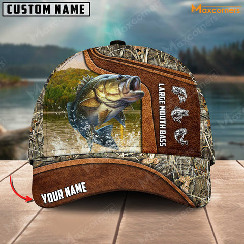 Maxcorners Personalized Large Mouth Bass Fishing Water Leather Grass Camo Pattern Premium Classic 3D Cap