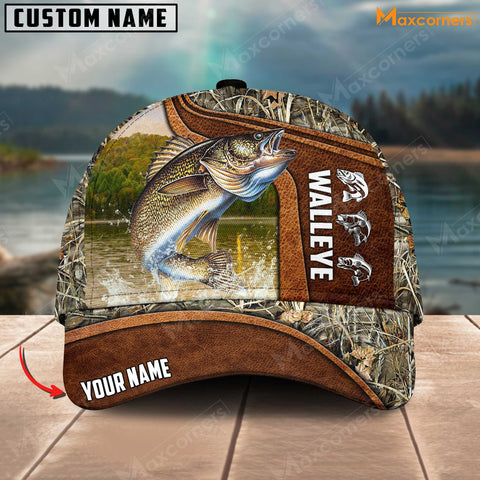 Maxcorners Personalized Walleyes Fishing Water Leather Grass Camo Pattern Premium Classic 3D Cap