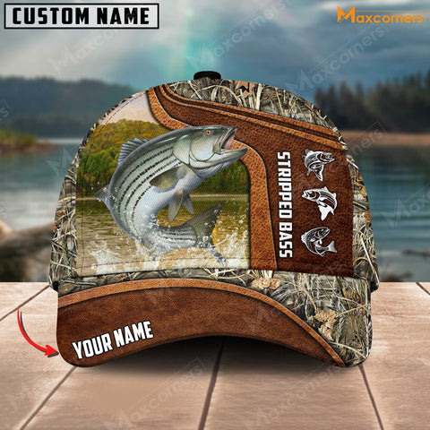 Maxcorners Personalized Stripped Bass Fishing Water Leather Grass Camo Pattern Premium Classic 3D Cap