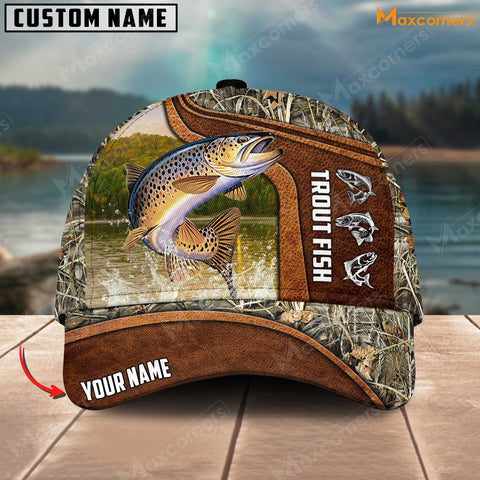 Maxcorners Personalized Trout Fish Fishing Water Leather Grass Camo Pattern Premium Classic 3D Cap