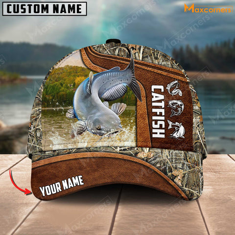 Maxcorners Personalized Catfish Fishing Water Leather Grass Camo Pattern Premium Classic 3D Cap