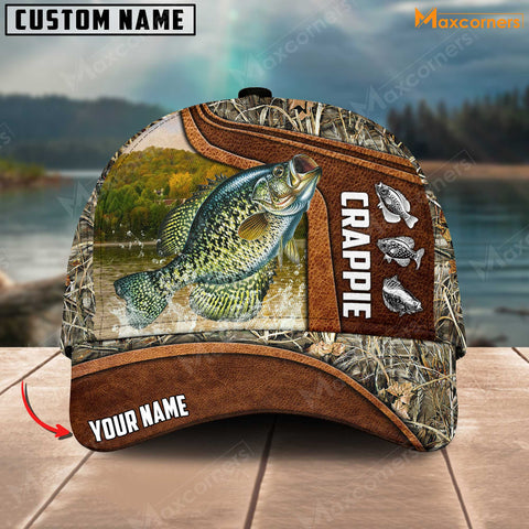 Maxcorners Personalized Crappie Fishing Water Leather Grass Camo Pattern Premium Classic 3D Cap