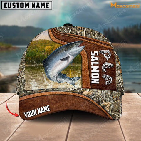 Maxcorners Personalized Salmon Fishing Water Leather Grass Camo Pattern Premium Classic 3D Cap
