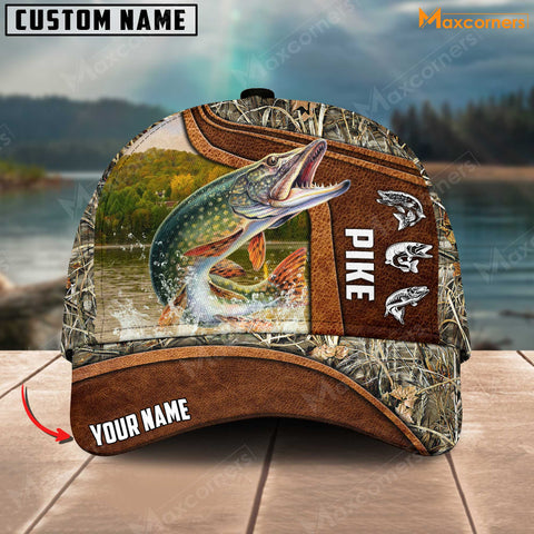 Maxcorners Personalized Pike Fishing Water Leather Grass Camo Pattern Premium Classic 3D Cap