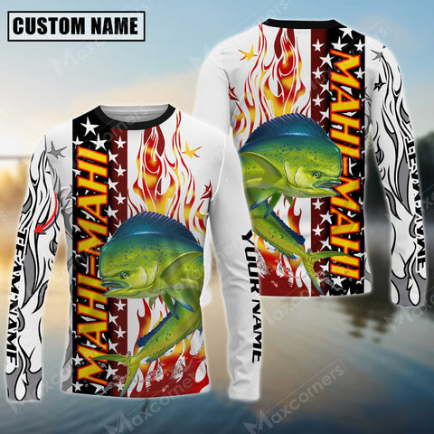 Maxcorners Mahi-Mahi Fishing Flame American Flag Sun Protection Personalized Name, Team Name Long Sleeve Shirt