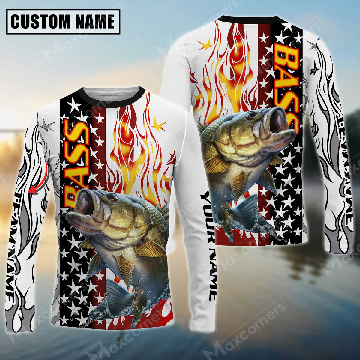 Maxcorners Bass Fishing Flame American Flag Sun Protection Personalized Name, Team Name Long Sleeve Shirt