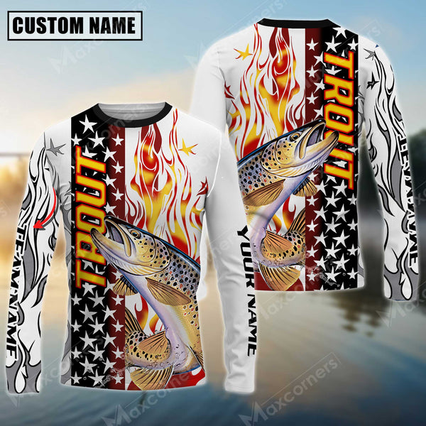 Maxcorners Trout Fishing Flame American Flag Sun Protection Personalized Name, Team Name Long Sleeve Shirt