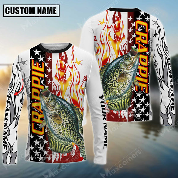 Maxcorners Crappie Fishing Flame American Flag Sun Protection Personalized Name, Team Name Long Sleeve Shirt