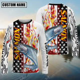 Maxcorners Salmon Fishing Flame American Flag Sun Protection Personalized Name, Team Name Long Sleeve Shirt