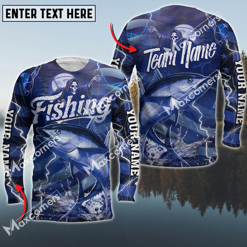 Maxcorners Tuna Fishing Skull And Water Blue Thunder Lightning Premium Pattern Sport Jersey Personalized Name And Team Name Long Sweat Shirt