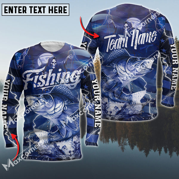 Maxcorners Walleyes Fishing Skull And Water Blue Thunder Lightning Premium Pattern Sport Jersey Personalized Name And Team Name Long Sweat Shirt