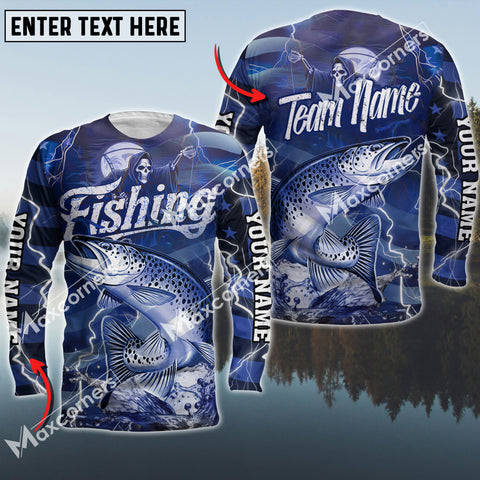 Maxcorners Trout Fishing Skull And Water Blue Thunder Lightning Premium Pattern Sport Jersey Personalized Name And Team Name Long Sweat Shirt