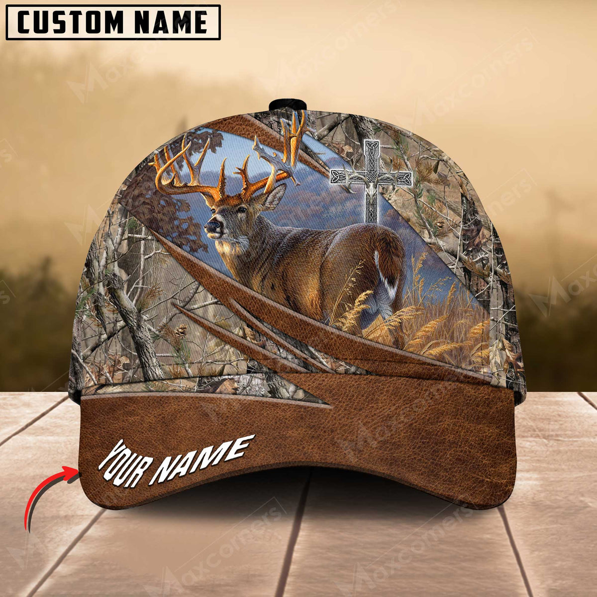 Maxcorners Epic Cross Deer Hunting Art Leather Pattern Personalized Cap 3D Multicolored