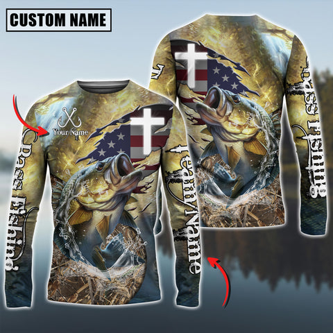 Maxcorners Bass Fishing Cross & USA Flag Camo Skin Fish Pattern Sun Protection Personalized Name And Team Name Long Sweat Shirt