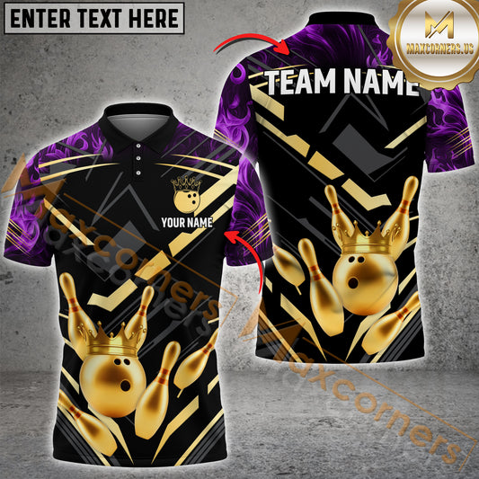Maxcorners Bowling & Pins Smoke Premium  Gold Pattern Jersey Sport Multicolor Option Customized Name, Team Name 3D Polo Shirt (4 Colors)