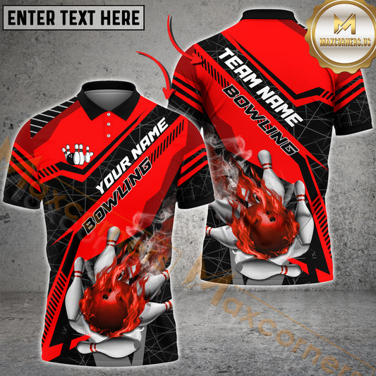 Maxcorners Bowling & Pins Flame Smoke Premium Jersey Sport Multicolor Option Customized Name, Team Name 3D Polo Shirt (4 Colors)